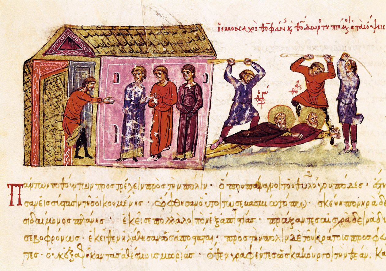 Munkarna Saint Theophanes the Confessor (c.759-818) och Saint Theodore the Studite (759-826) piskade på order av kejsar Theophile, miniatyr från "Synopsis historiarum", ca 1126-1150 av John Scylitzes