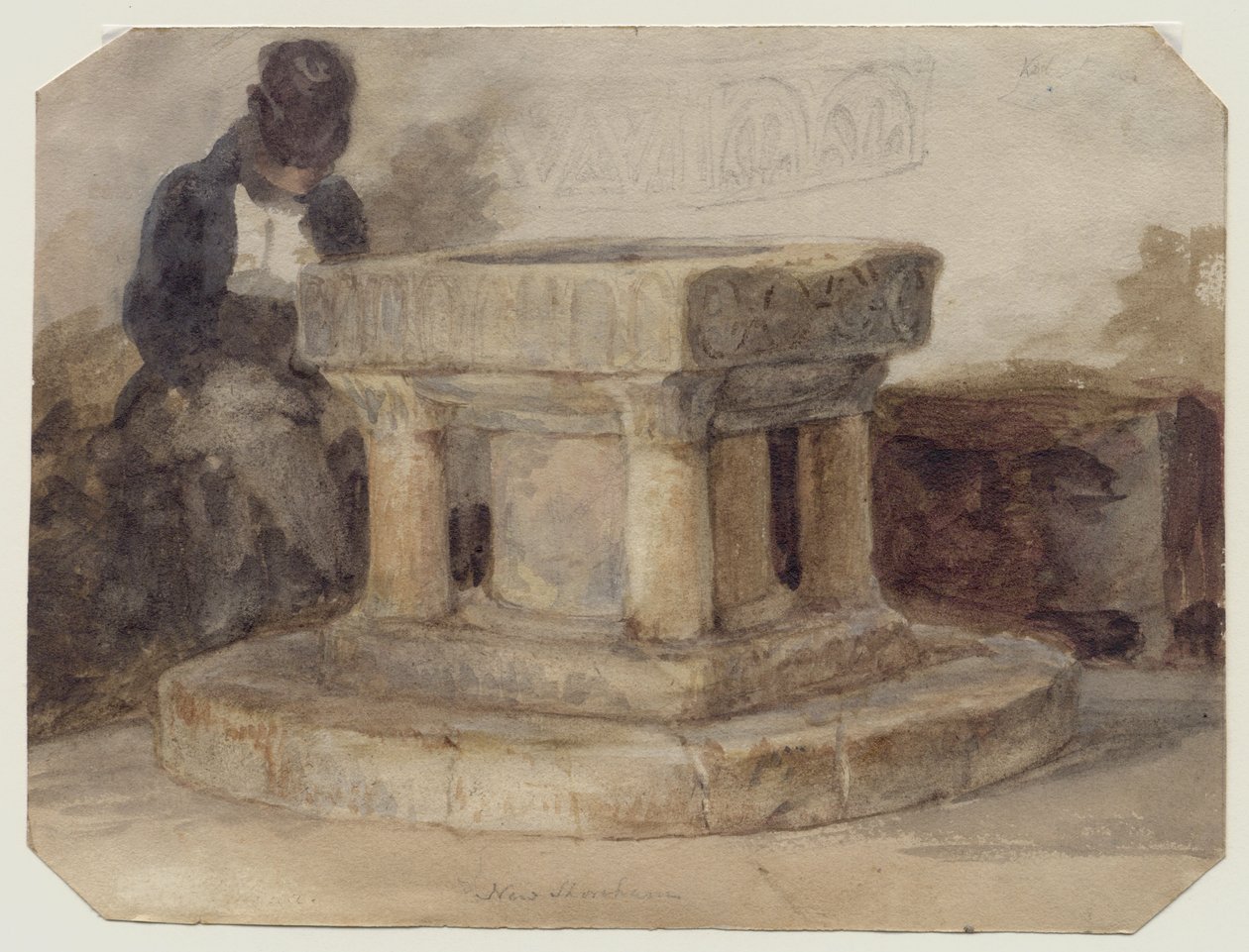 The Font of New Shoreham Church, West Sussex, med konstnären William Scott från Brighton som sover av John Sell (style of) Cotman