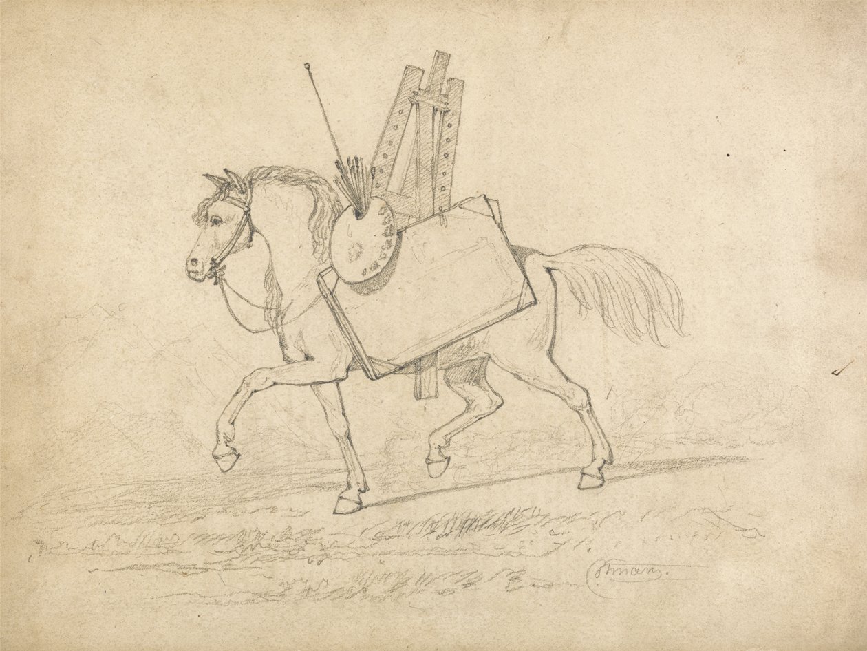 En häst laddad med konstnärens tillbehör, som går till vänster (grafit på papper) av John Sell Cotman