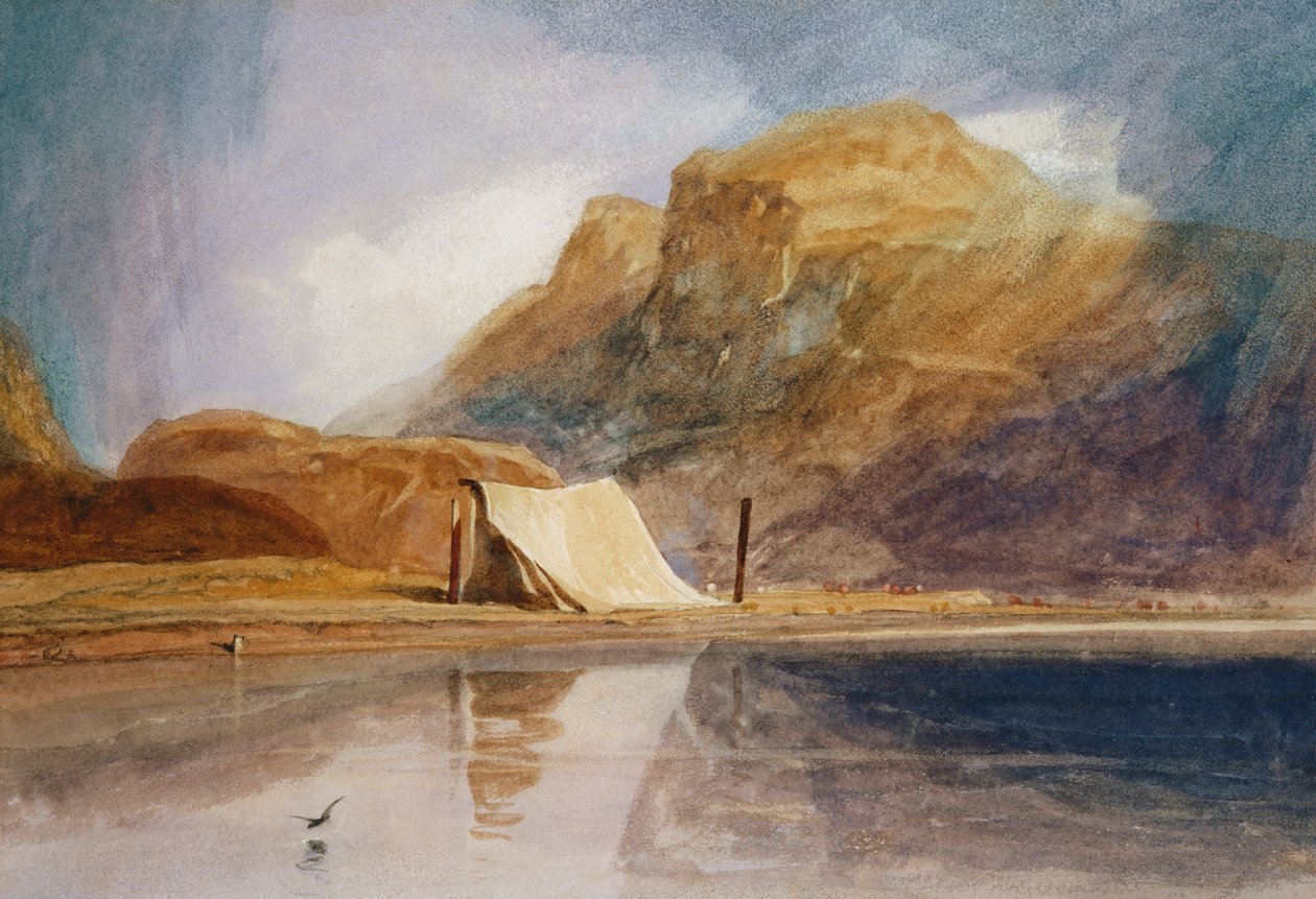 En bergig sjö med ett tält på stranden av John Sell Cotman