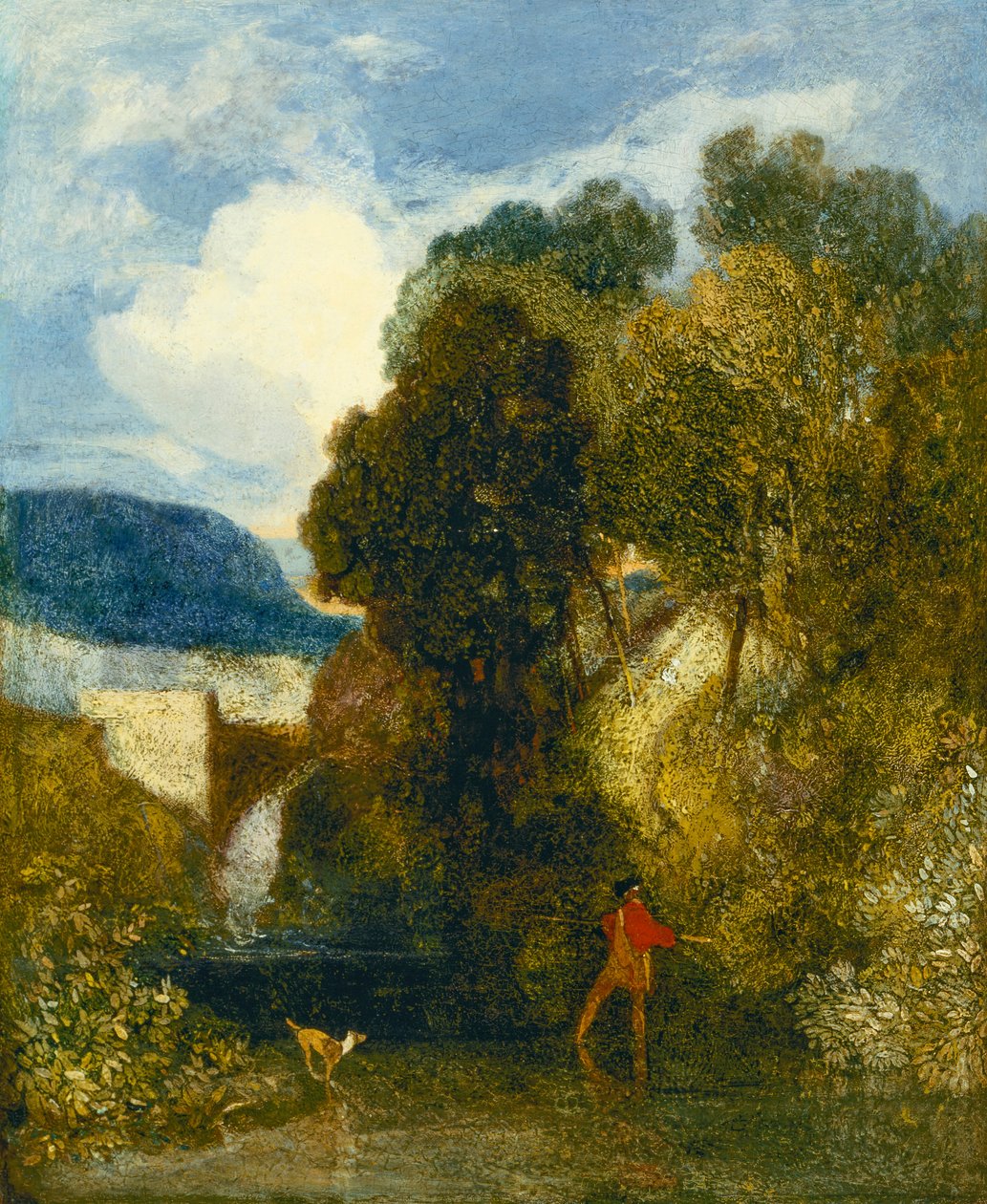 Ett flodlandskap med en sportfiskare och hans hund (olja på duk) av John Sell Cotman