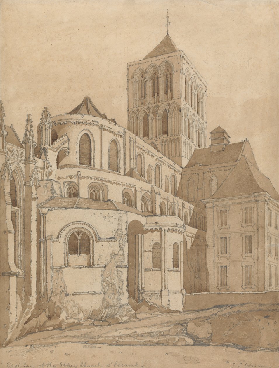 Abbey Church i Fecamp, Normandie, ca 1817-20 (grafit & brun tvätt på papper) av John Sell Cotman
