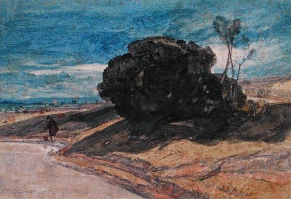 En sportfiskare på en flodstrand nära en trädklump (akvarell på papper) av John Sell Cotman