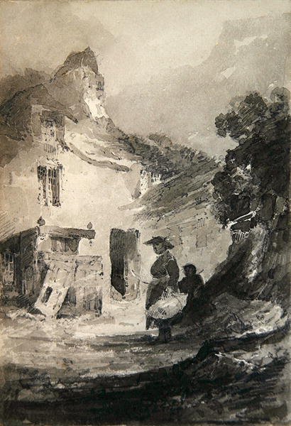 En gammal stuga på Dolgelly (penna & grå tvätt på papper) av John Sell Cotman