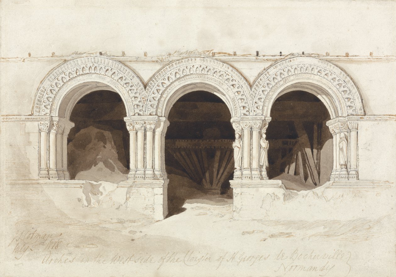 Bågar på västra sidan av klostret St. Georges de Boscherville, nära Rouen, Normandie, ca 1818 (grafit, brun tvätt och penna och bläck på papper på kort) (se 172543) av John Sell Cotman