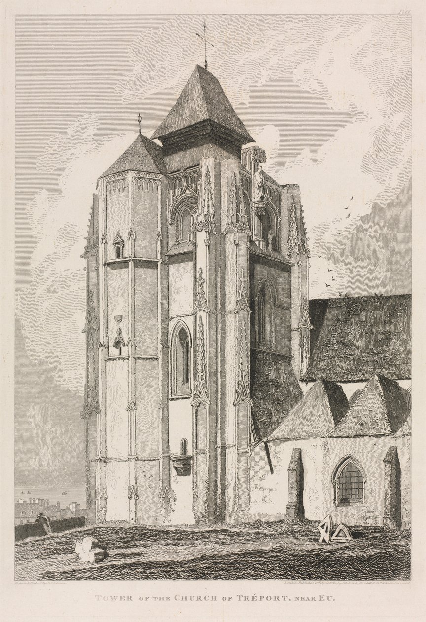 Arkitektoniska antikviteter i Normandie (Vol. II), Pl. 66: Tower of the Church of Tréport, nära Eu av John Sell Cotman