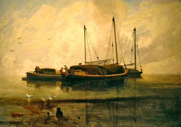 Boats at Anchor, Bladon Water, Norfolk (olja på duk) av John Sell Cotman