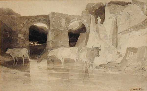 Bro och kor (penna och bläck och tvätt på papper) av John Sell Cotman