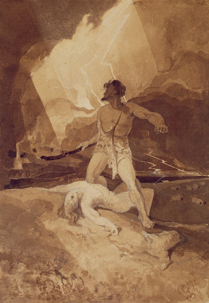 Kain och Abel, 1800-03 (sepiatvätt över svart bly) av John Sell Cotman