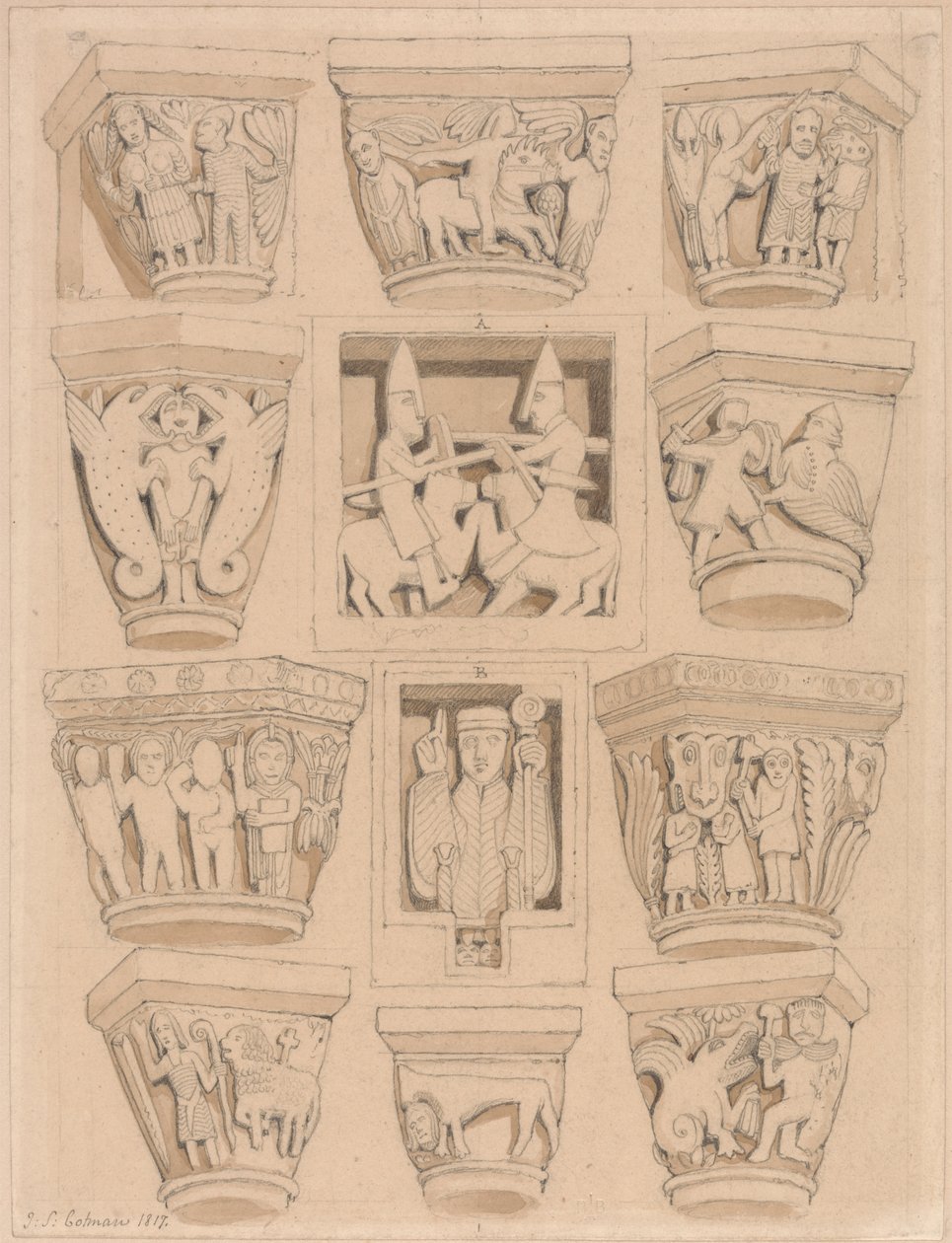 Huvudstäder och A & B Bas-reliefer i Abbey Church of Saint Georges de Bocherville, nära Rouen, Normandie av John Sell Cotman