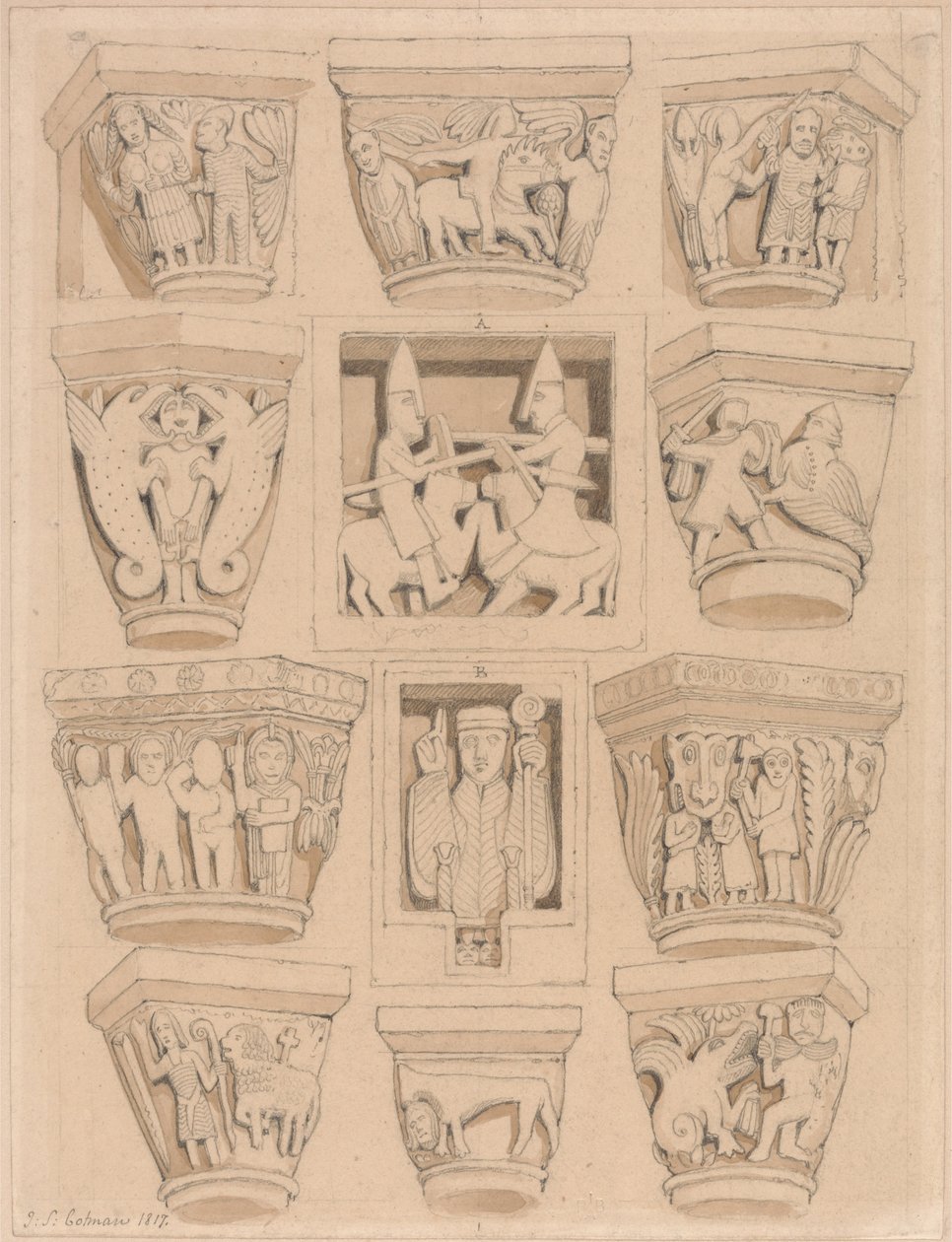 Kapitäl och A amp; B Bas-Reliefs i klosterkyrkan Saint Georges de Bocherville, nära Rouen, Normandie av John Sell Cotman
