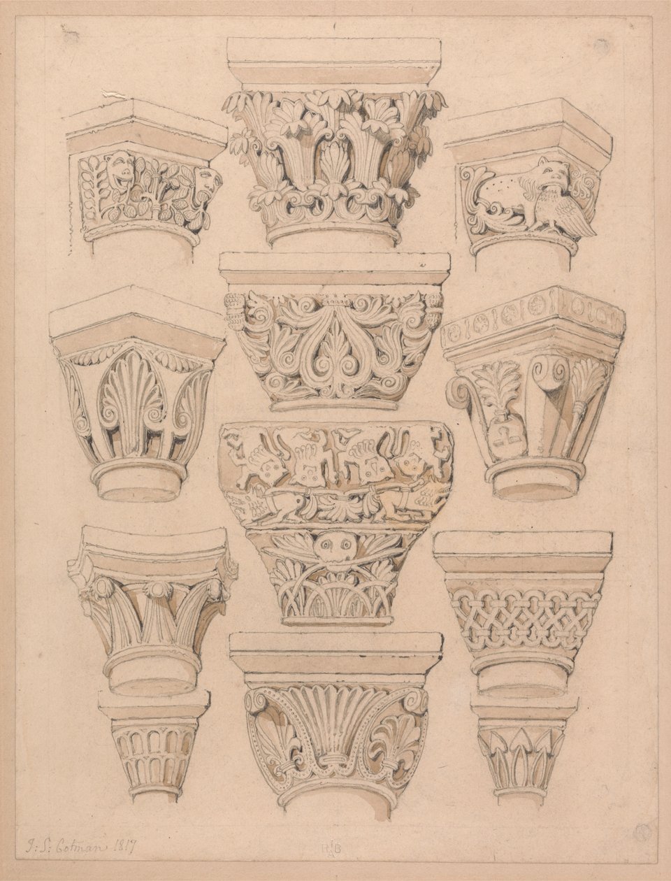 Kapitäl i klosterkyrkan S:t Georges de Bocherville, nära Rouen, Normandie av John Sell Cotman