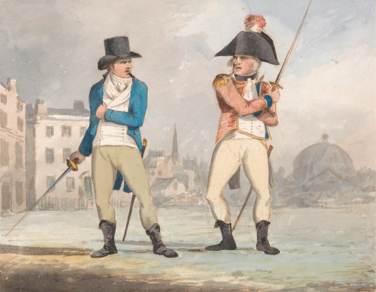 Karikatyr av två män med dragna svärd (en av en uppsättning av tre) av John Sell Cotman