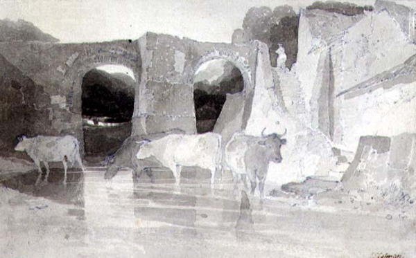 Boskap i en flod (penna & bläck och tvätt) på papper av John Sell Cotman