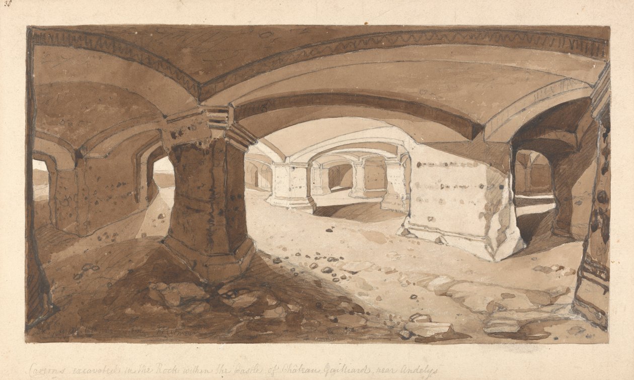 Grottor utgrävda i klippan i slottet Chateau Gaillard, nära Andelys, Normandie av John Sell Cotman