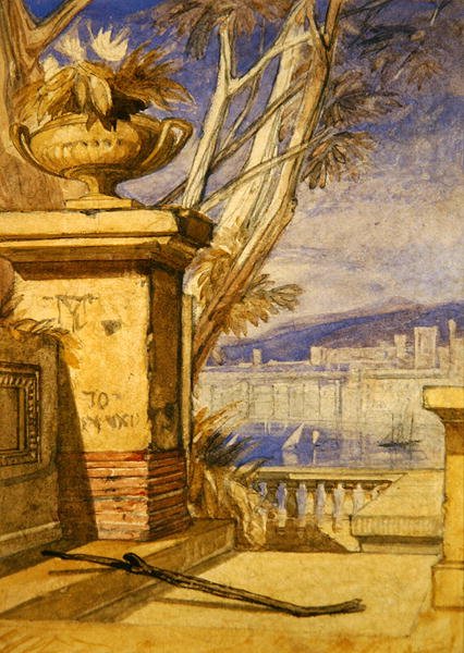 Klassiskt landskap med en urna: en design för en frontispice (penna och akvarell på papper) av John Sell Cotman