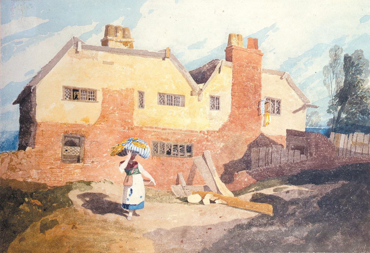 Stugor med en tvättkvinna (Elm Hill, Norwich) c.1808-9 av John Sell Cotman