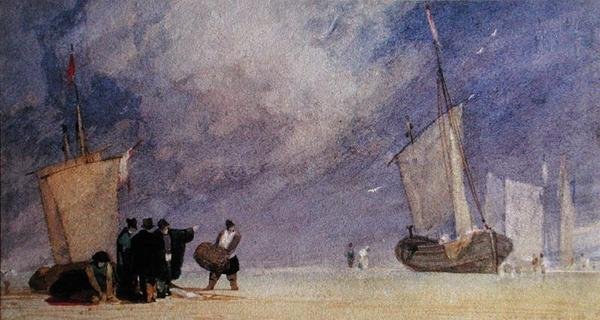 Figurer av stranden som lossar en båt vid lågvatten (penna & brunt bläck och akvarell på papper) av John Sell Cotman