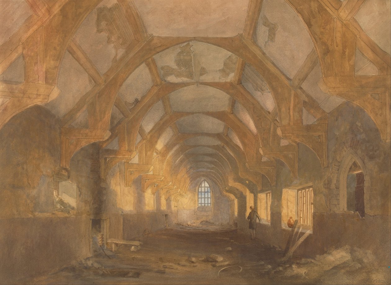 Interiör av en sovsal på Ipswich Blackfriars i slutet av den period då den användes av Ipswich School av John Sell Cotman