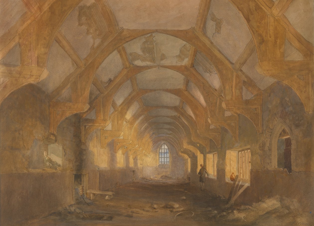 Interiör av en sovsal på Ipswich Blackfriars i slutet av den period då den användes av Ipswich School av John Sell Cotman