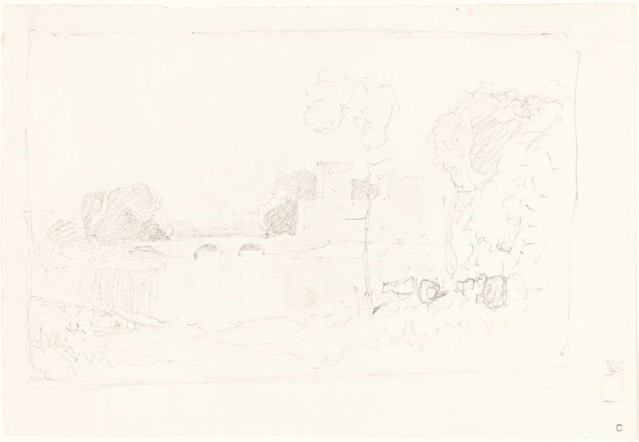 Landskapsskiss med bro och slott av John Sell Cotman