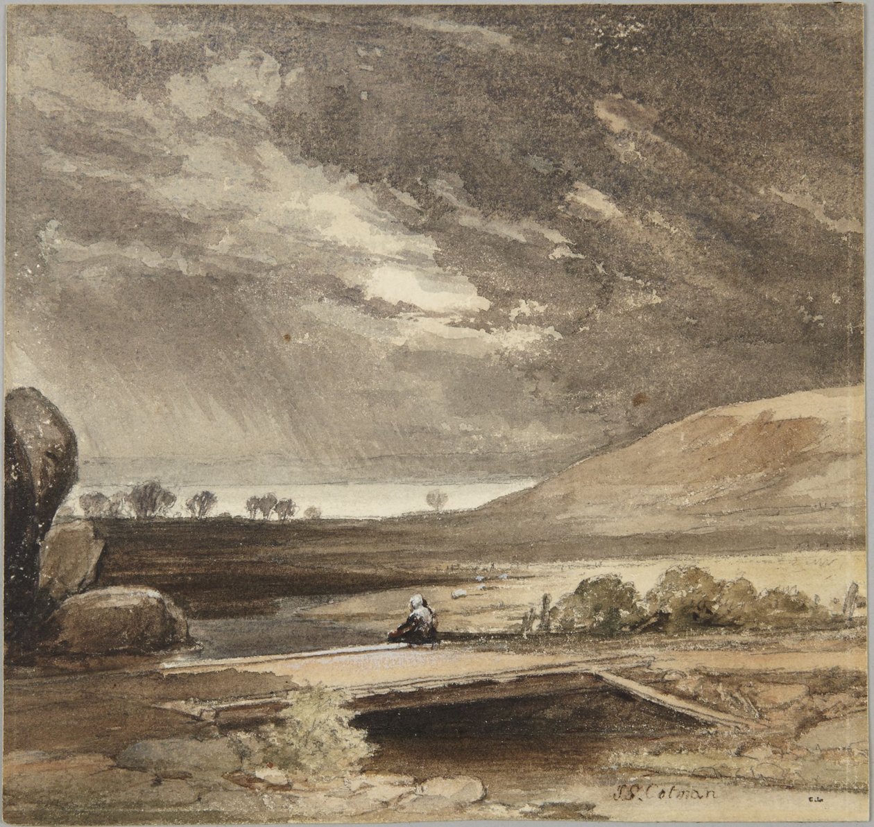 Landskap med stormiga moln och bro av John Sell Cotman