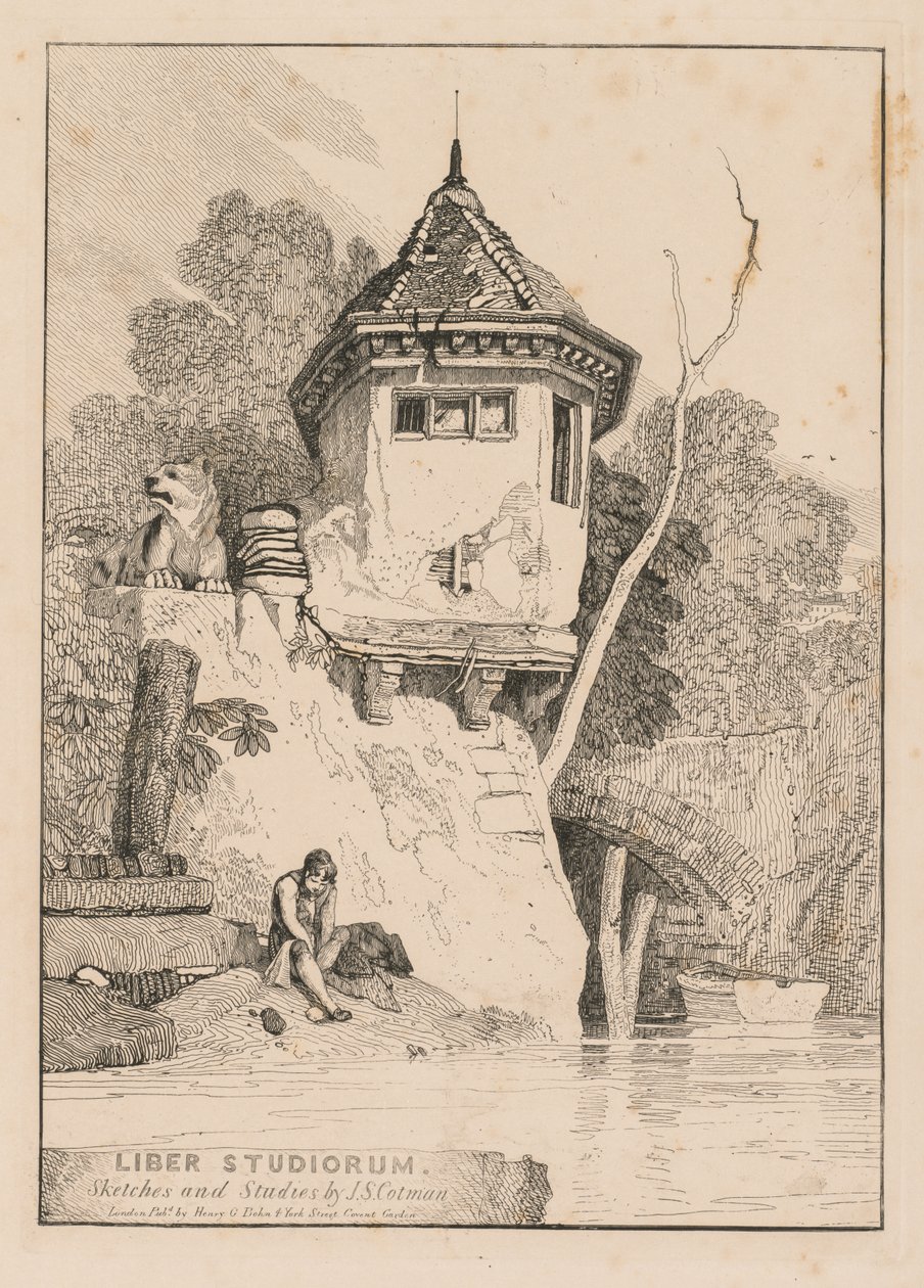 Liber Studiorum, Frontispice, Utsikt över ett trädgårdshus på stranden av floden Yare, 1838. av John Sell Cotman