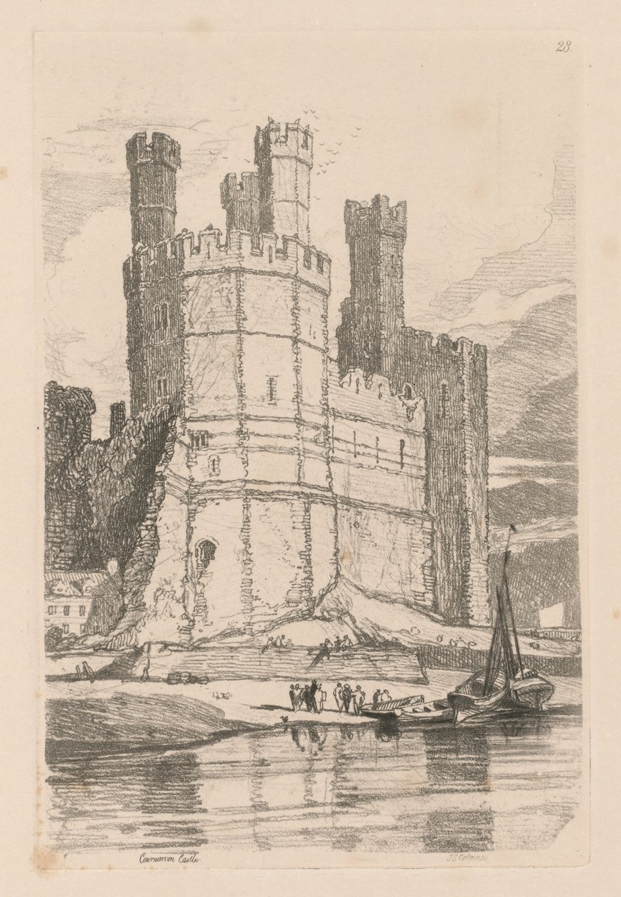 Studiebok: Platta 28, Caernarvon Castle, N. Wales, 1838 av John Sell Cotman