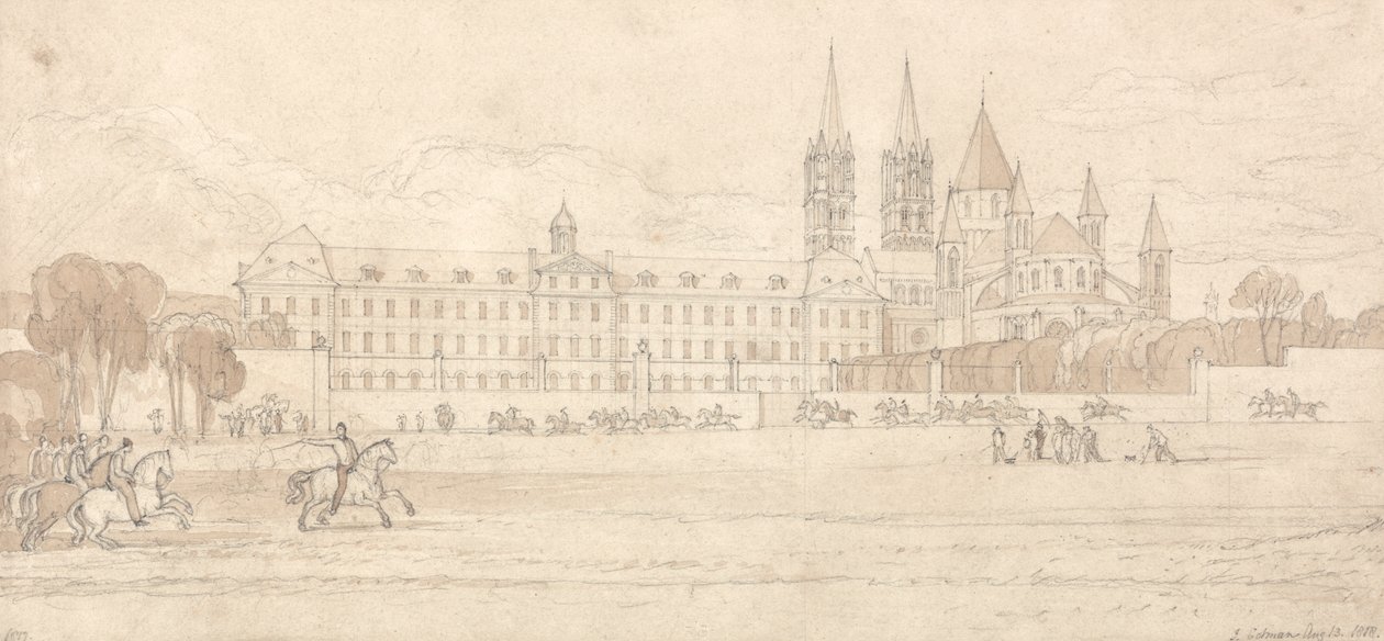 Militärskola och Abbey Church of St Stephen i Caen av John Sell Cotman