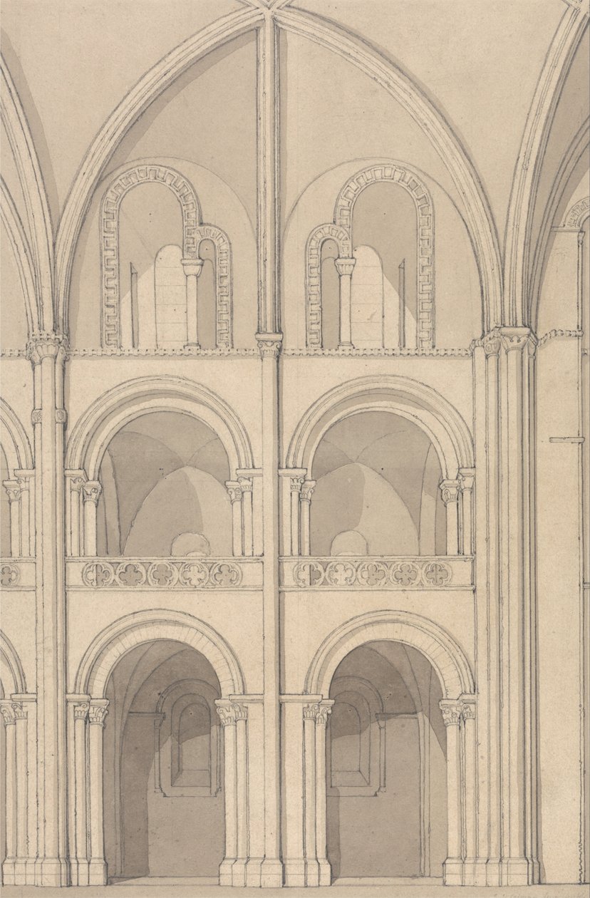Perspektivisk upphöjning av en del av klosterkyrkan Saint Stephen i Caen, Normandie av John Sell Cotman
