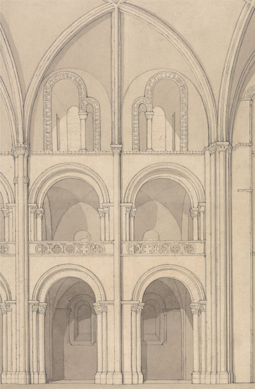 Perspektivisk upphöjd vy över en del av klosterkyrkan Saint-Étienne i Caen, Normandie av John Sell Cotman