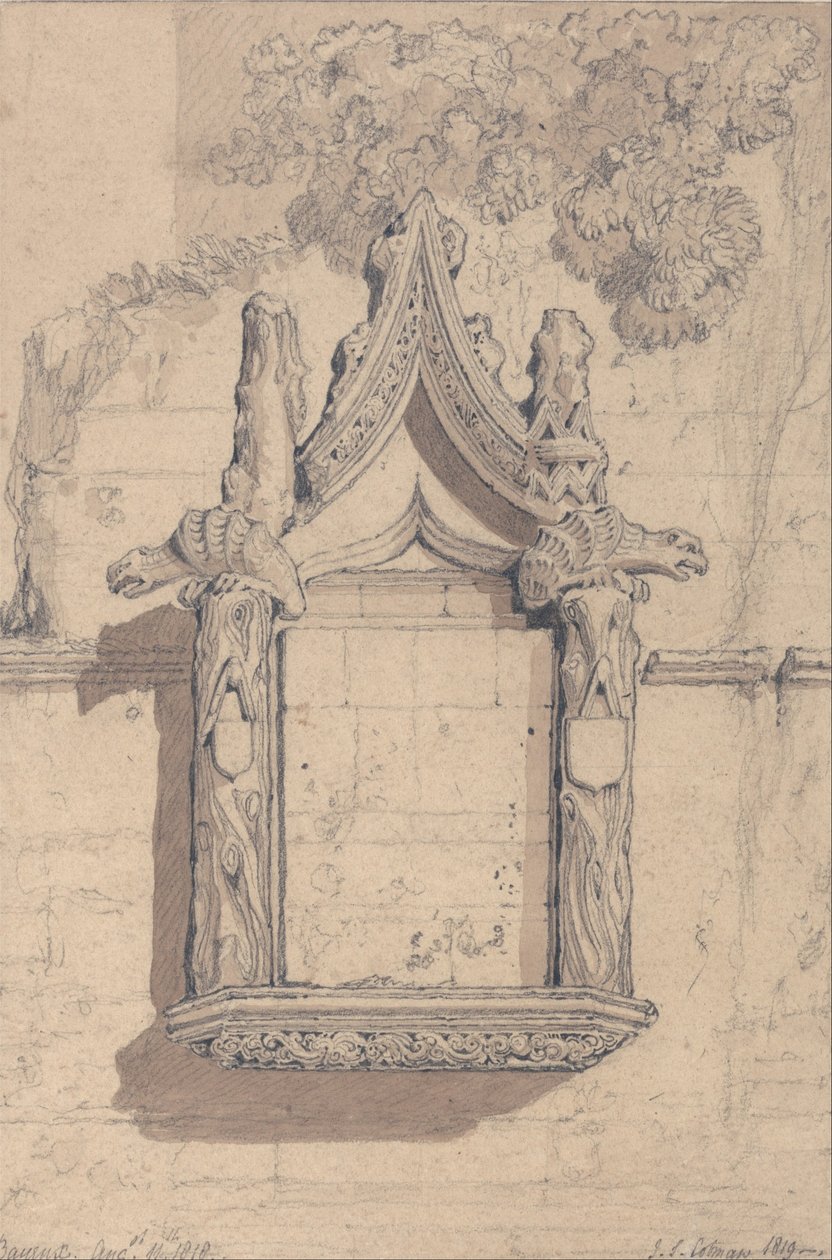 Skulptur på ett hus på norra sidan av katedralen i Bayeux av John Sell Cotman