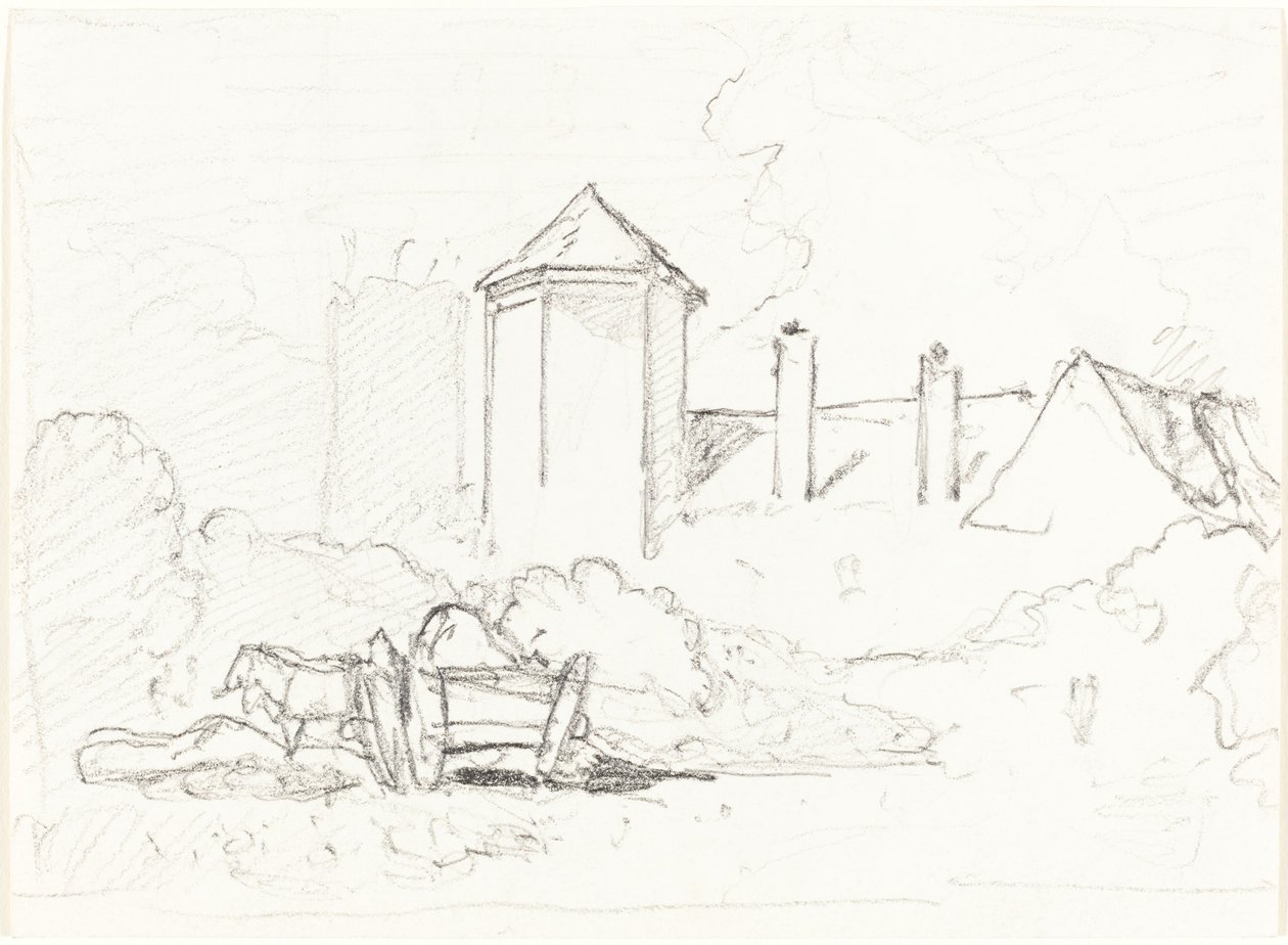 Skiss av byggnader med vagn och hästar i förgrunden av John Sell Cotman