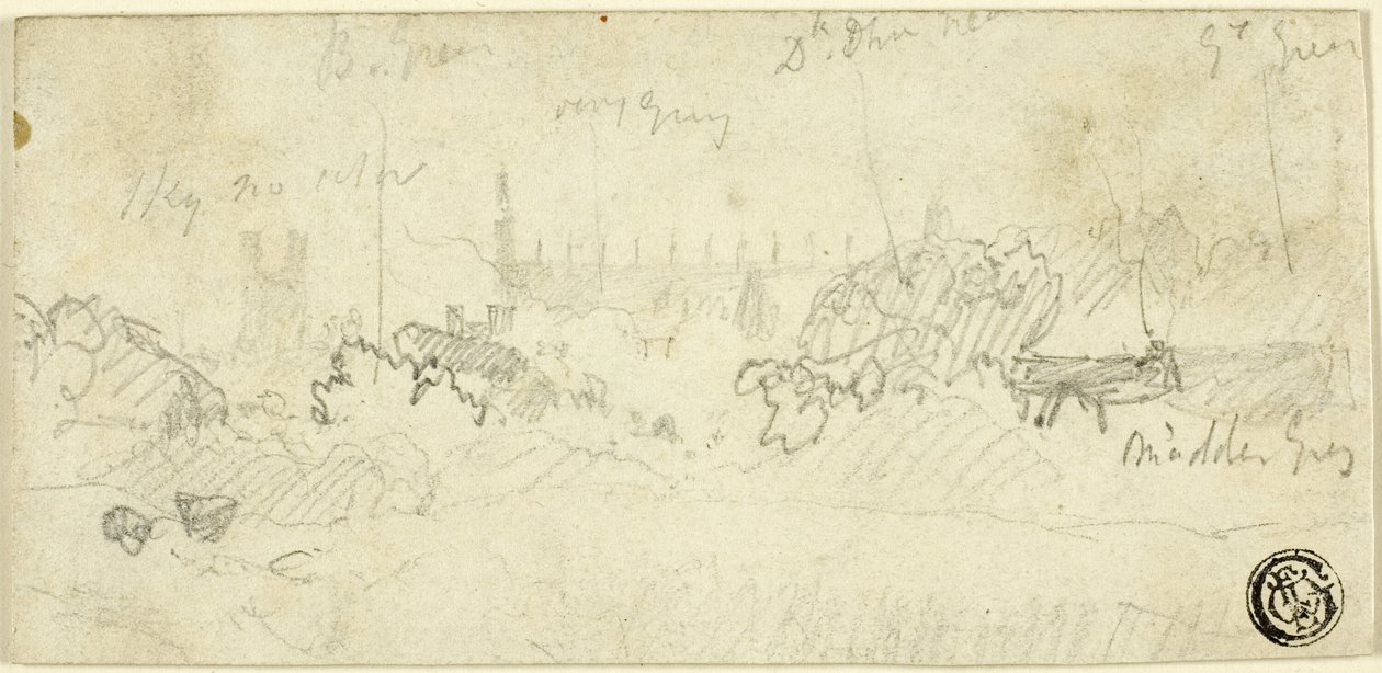 Skiss av landskap med katedral av John Sell Cotman