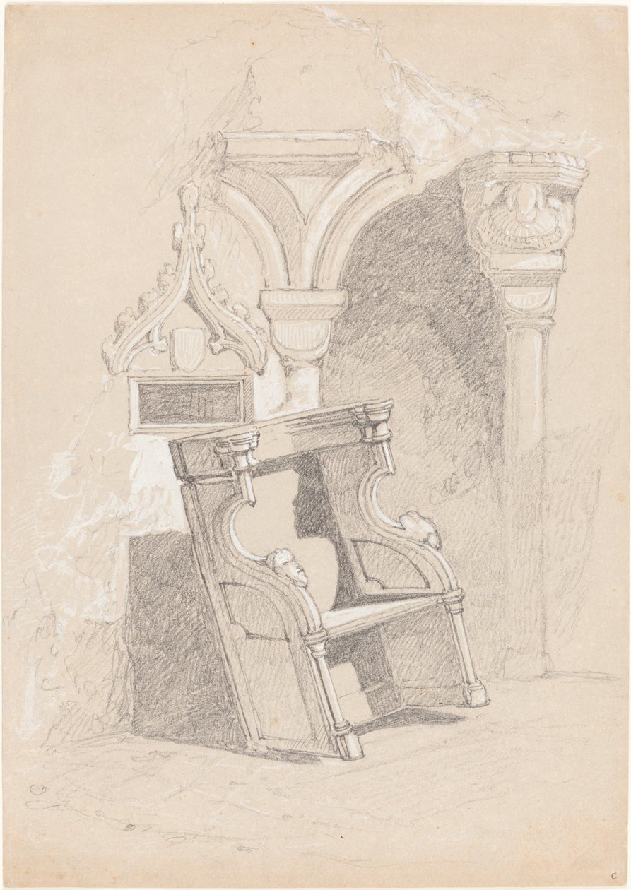Skiss av förstörd kyrka interiör med stol av John Sell Cotman