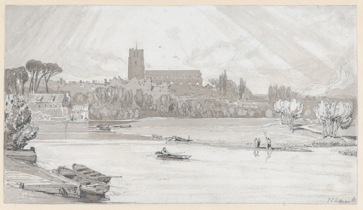 Staden Beccles sedd från bron, Suffolk av John Sell Cotman