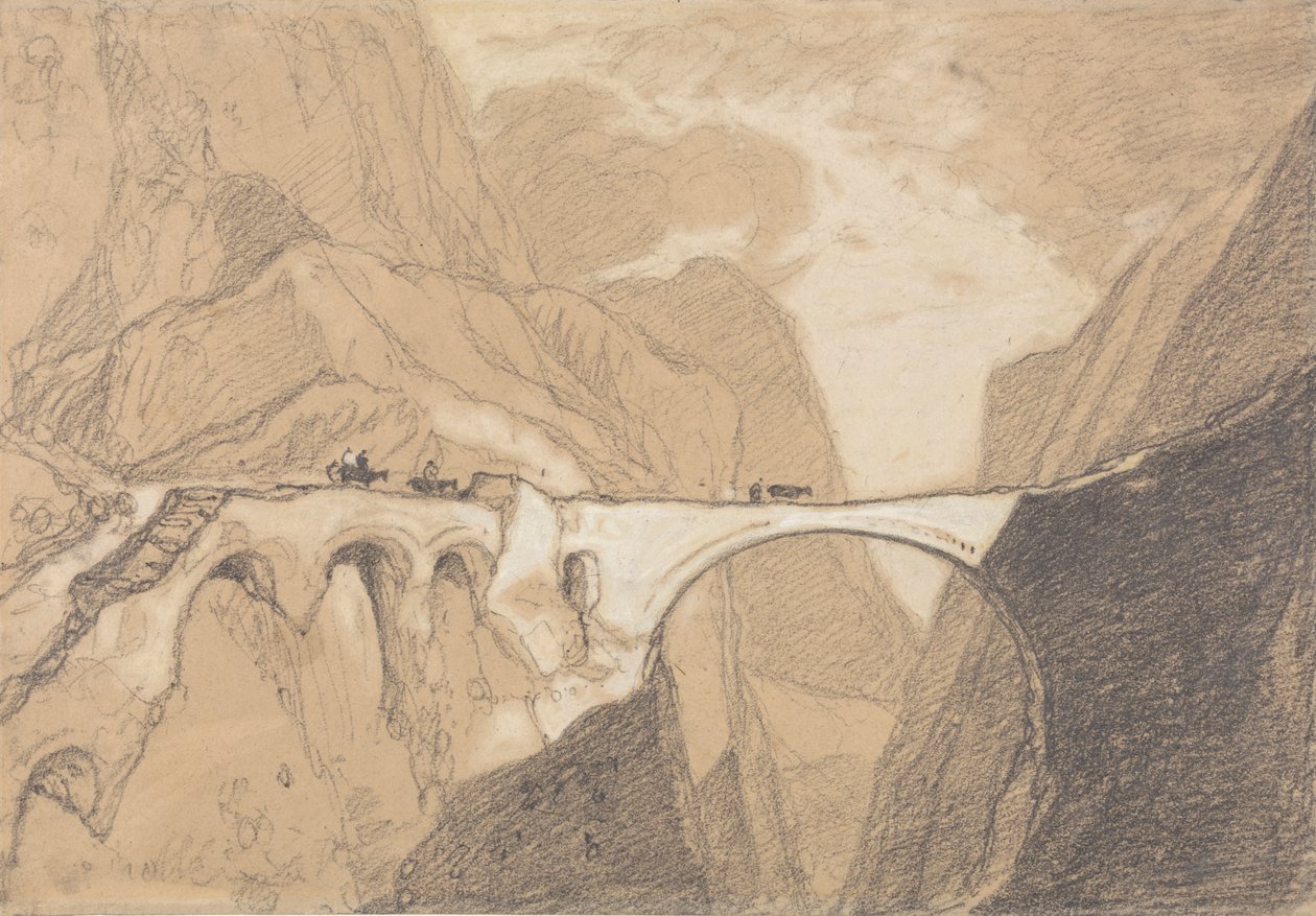 Resenärer som korsar en bro över en alpin ravin av John Sell Cotman