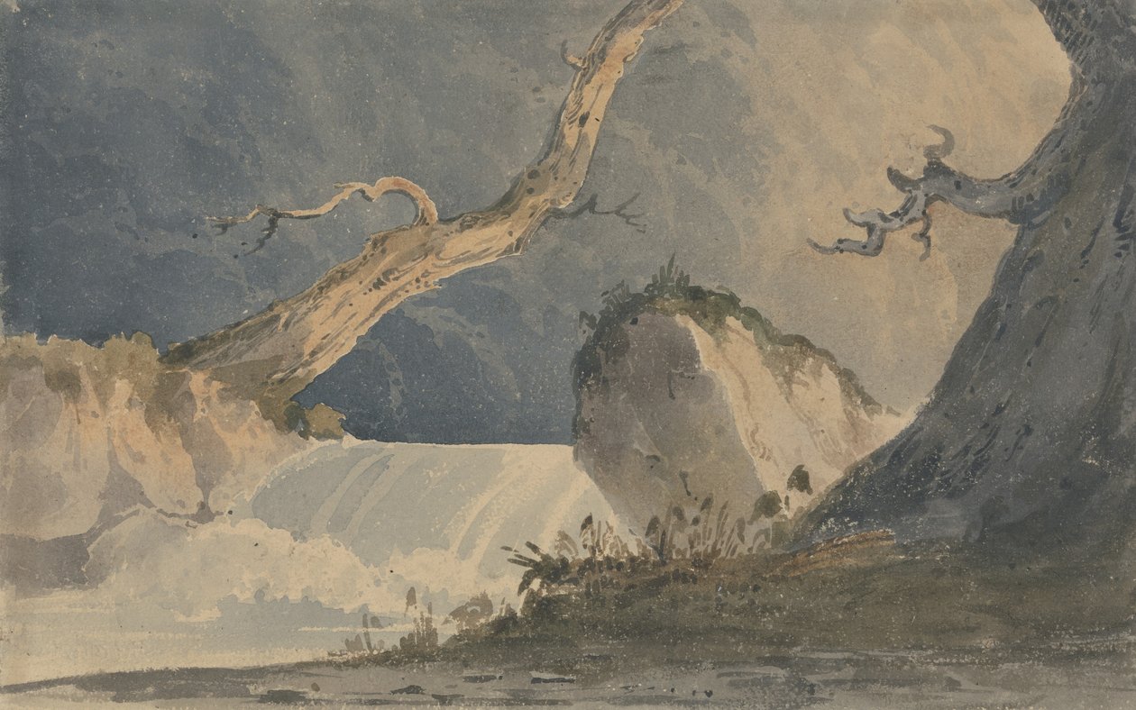 Vattenfall i ett ödsligt landskap (akvarell på papper) av John Sell Cotman