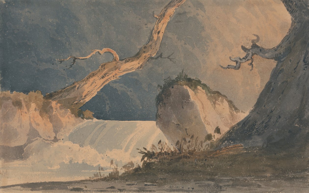 Vattenfall i ett ödsligt landskap av John Sell Cotman