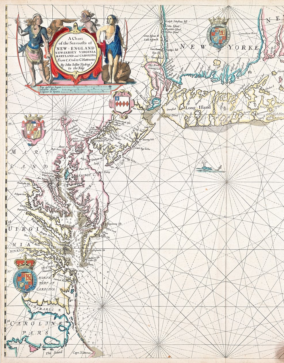 En karta över kusterna i New England, New Jersey, Virginia, Maryland och Carolina från Cape Cod till Cape Hatteras av John Seller