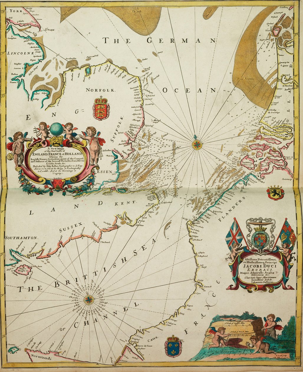 "En ny karta över Englands, Frankrikes och Hollands havskuster, med de engelska namnen, läget, väderstrecken och avståndet till de olika hamnarna, havsbaden, vikarna och sandstränderna. av John Seller