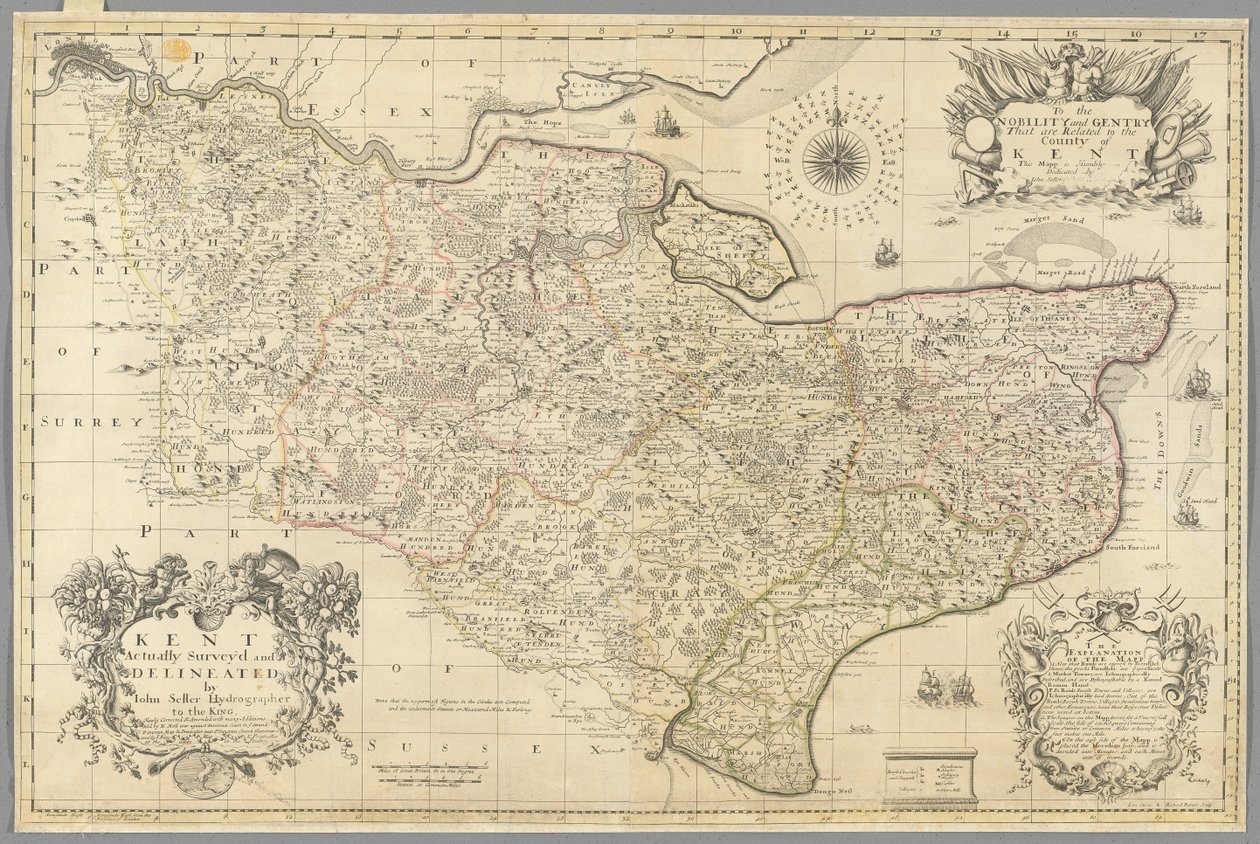 Kent, faktiskt undersökt och avgränsad av John Seller, ca 1680 (gravyr) av John Seller