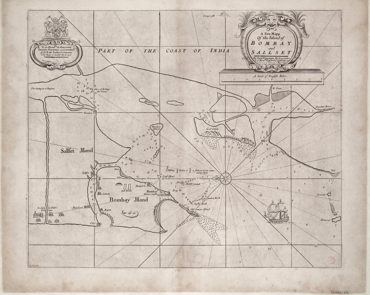 Karta över Bombay och Sallset av Samuel Thornton, hydrograf vid Ostindiska kompaniet, först utgiven ca 1685 av John Seller