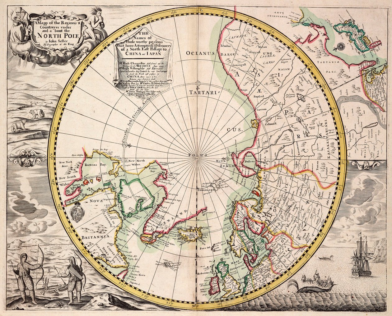 Polarprojektionskarta med polcirkeln, ca 1680 (kolorerad gravyr) av John Seller