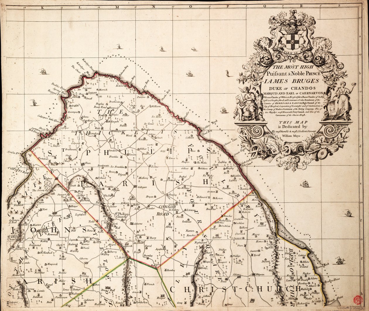 En ny  exakt karta över ön Barbados i Amerika enligt undersökning gjord under åren 1717 till 1721 av William Mayo av John Senex