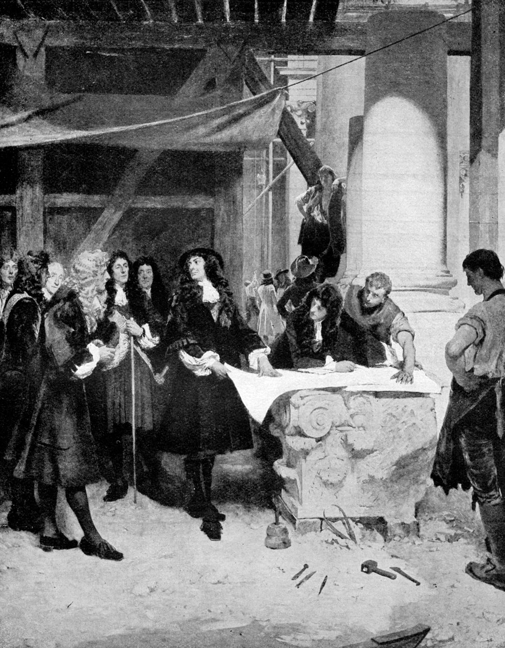Charles II besökte Sir Christopher Wren under byggandet av St Pauls Cathedral, London, 1909. av John Seymour Lucas