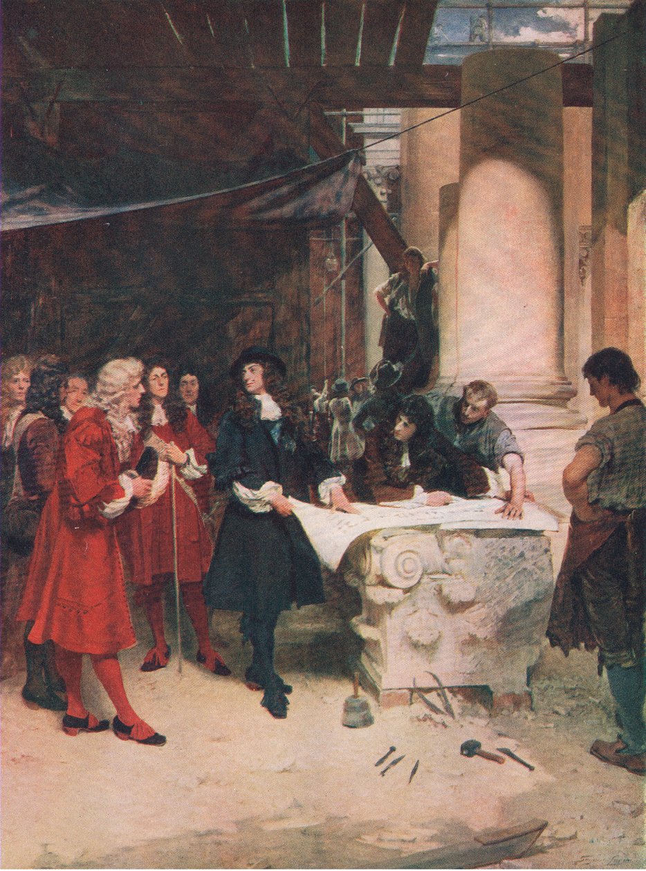 Kung Charles besökte Wren under byggandet av St Pauls, illustration från The History of the British People publicerad av Waverley, c.1940 (litho) av John Seymour Lucas