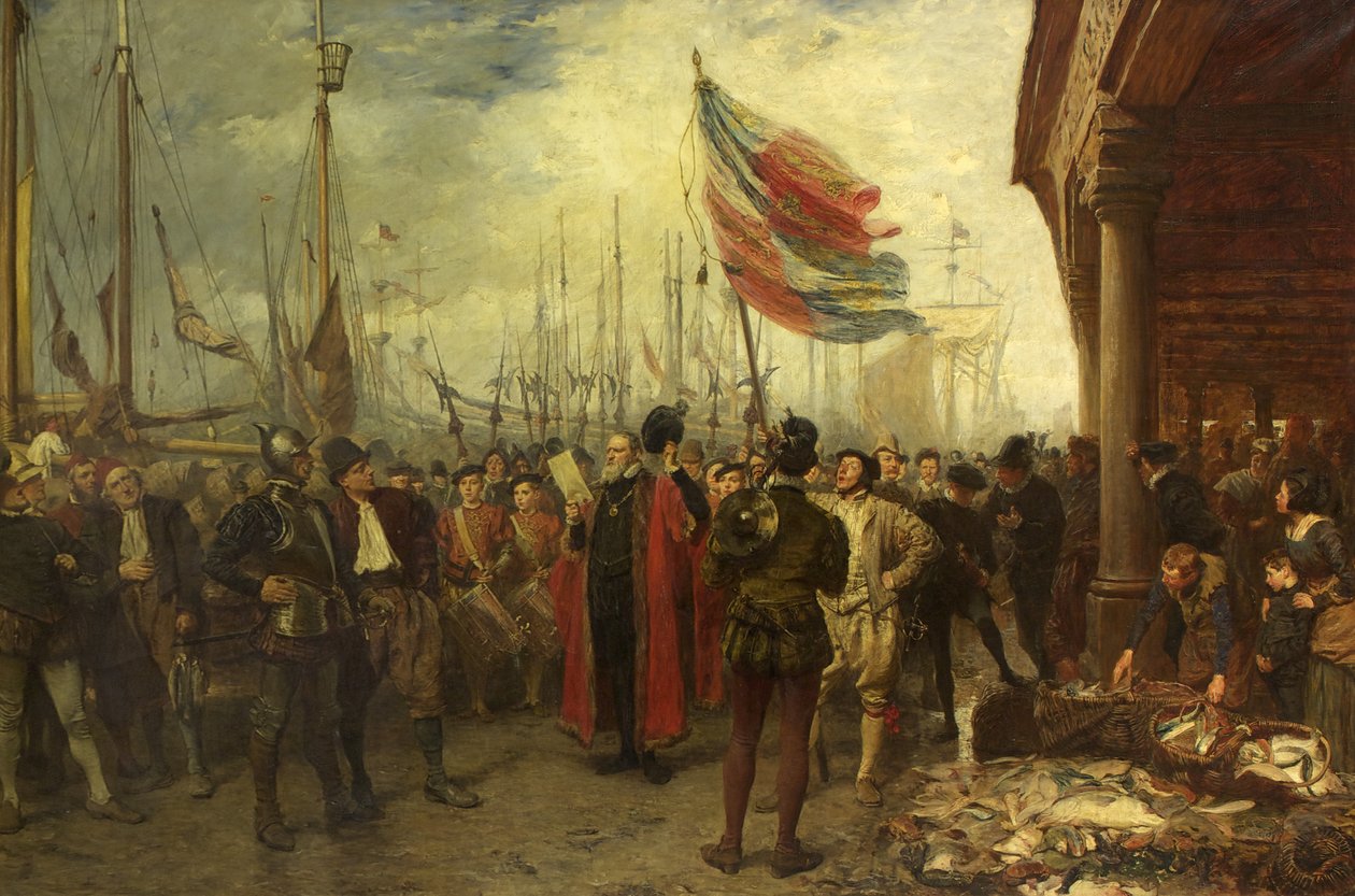 The Call to Arms - Plymouth Quay av John Seymour Lucas