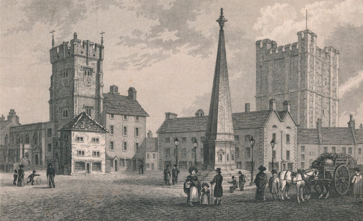 Market Place Richmond, Trinity Church och Keep of Richmond Castle, 1831 av John Shury