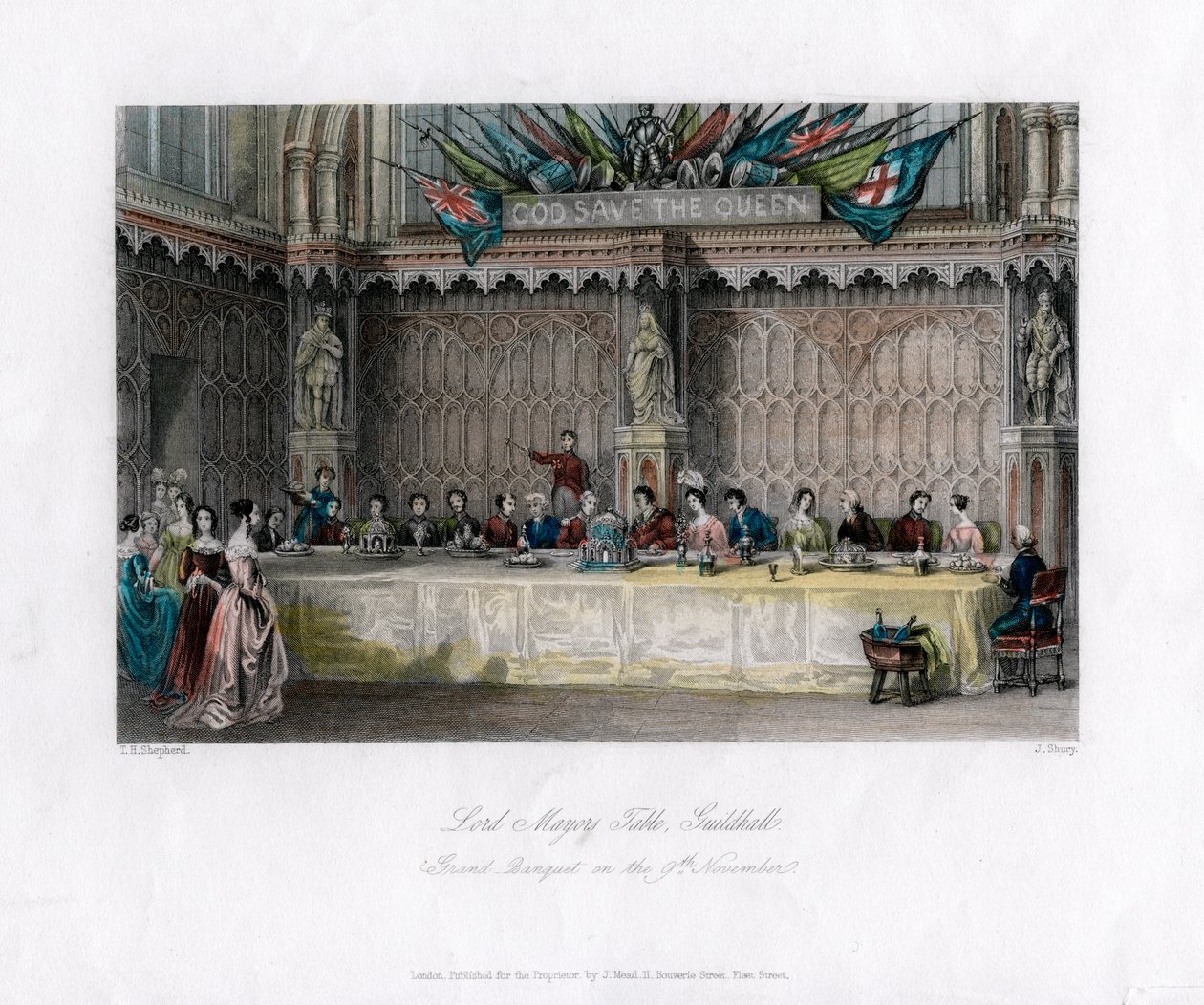 Lord Mayors-bordet, storslagen bankett, Guildhall, City of London, 1800-talet. av John Shury